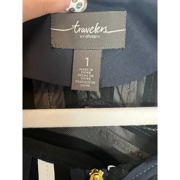 Chico's Traveler s Women's 1 / M Ribbon Stripe Zip Front Jacket Blue White Mesh - Picture 3 of 13